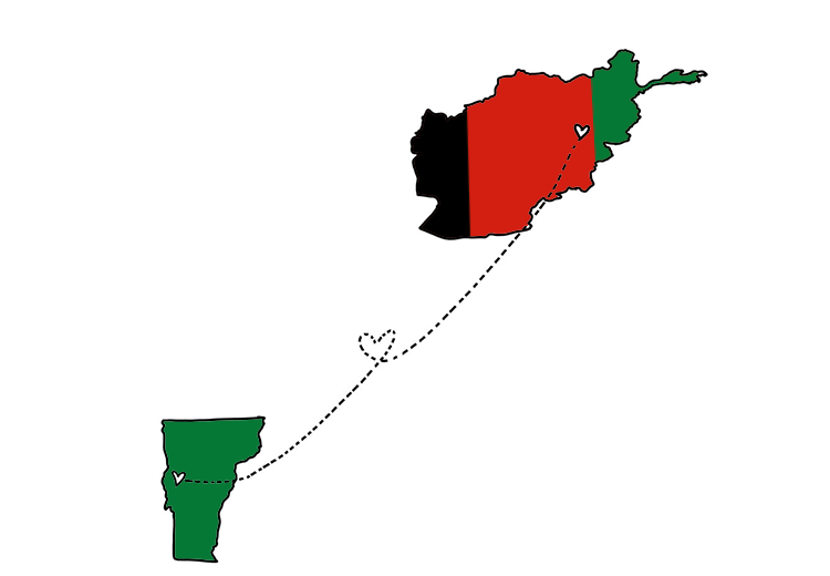 Illustration of Vermont and Afghanistan with a trail between them and hearts for location markers
