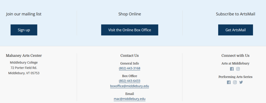 The footer of the College Arts site showing a row of call to action elements followed by a row of contact information.