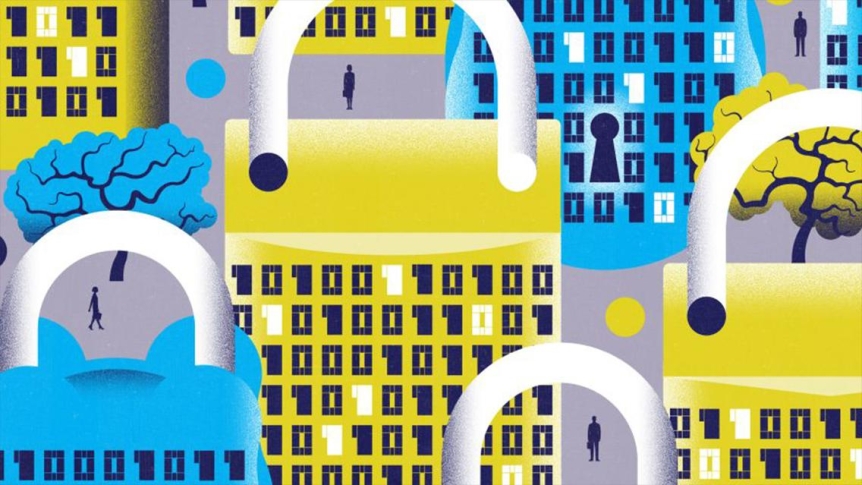 Graphic of of blue and yellow locks with binary code on them