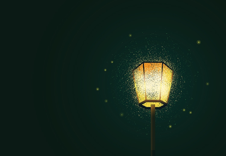 Digital Illustration of a street lamp with lightning bugs at night