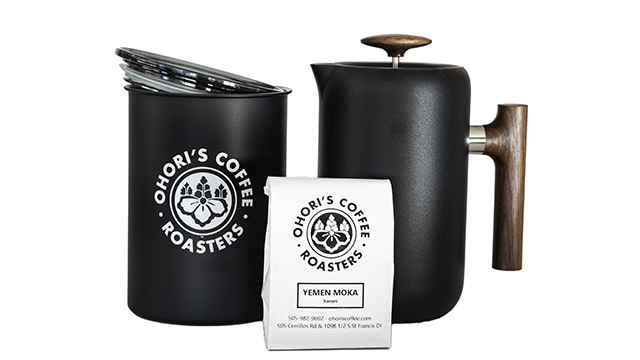 mug, tin, and kettle, each labeled with Ohori Coffee Roasters logo