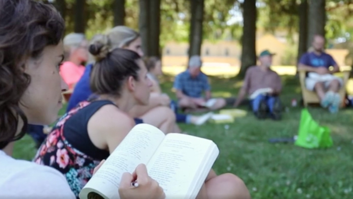 Students enjoy study and conversation outside at the Ripton campus of the Bread Loaf School of English