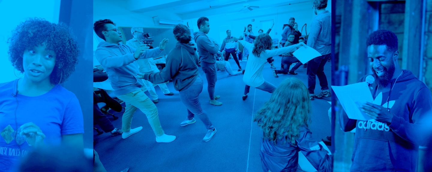 A collage of three images:  A BLTN teacher speaking on left and right panels and youth performing an acting exercise in the center.