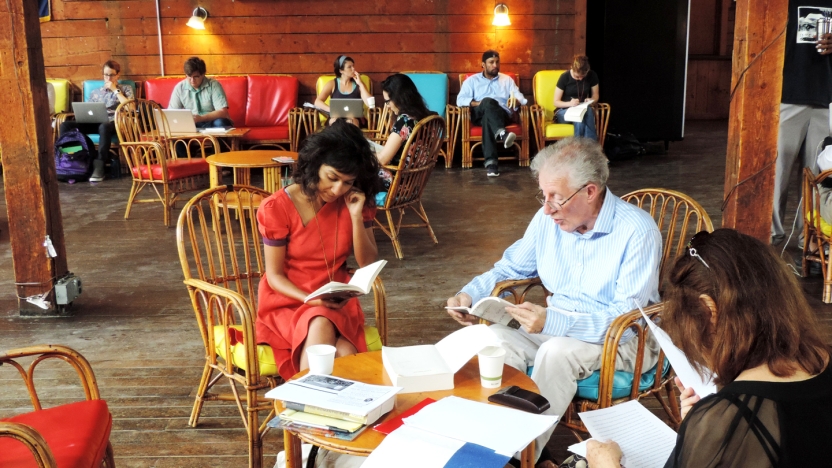 Bread Loaf student Himali Singh Soin discusses a project with her professor in the Barn.