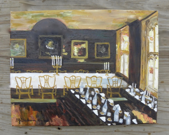  A painting of a table set for a group to dine.