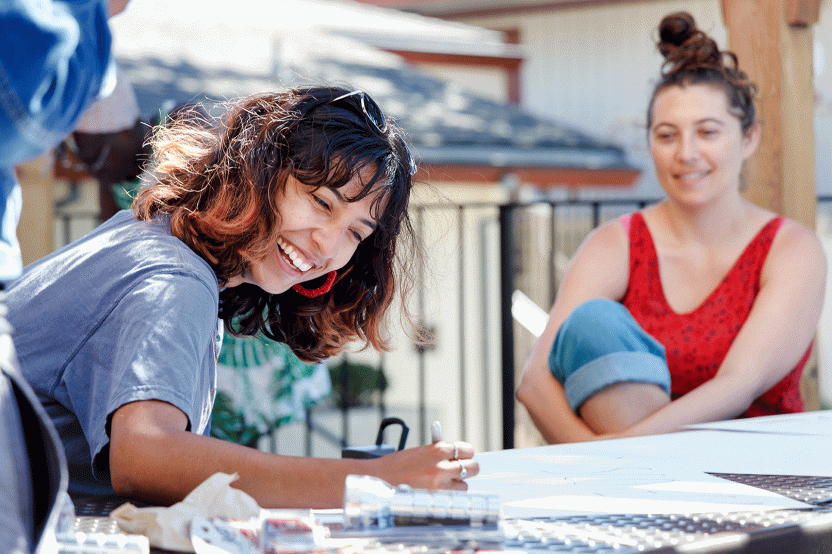 students work in courtyard