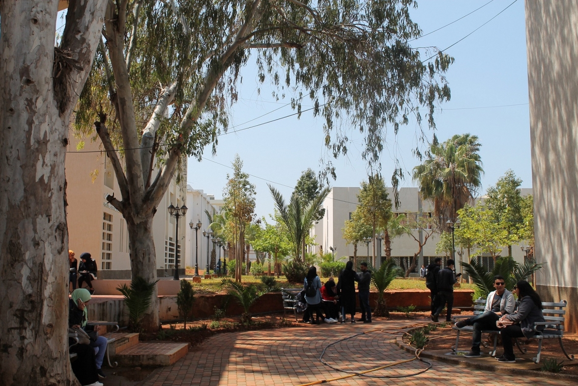 Students sitting in a plaza on campus