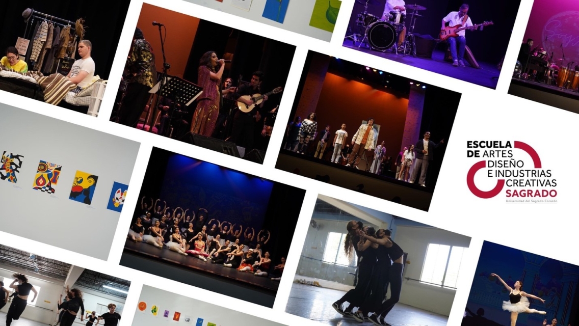 A mosaic of photos featuring visual arts productions