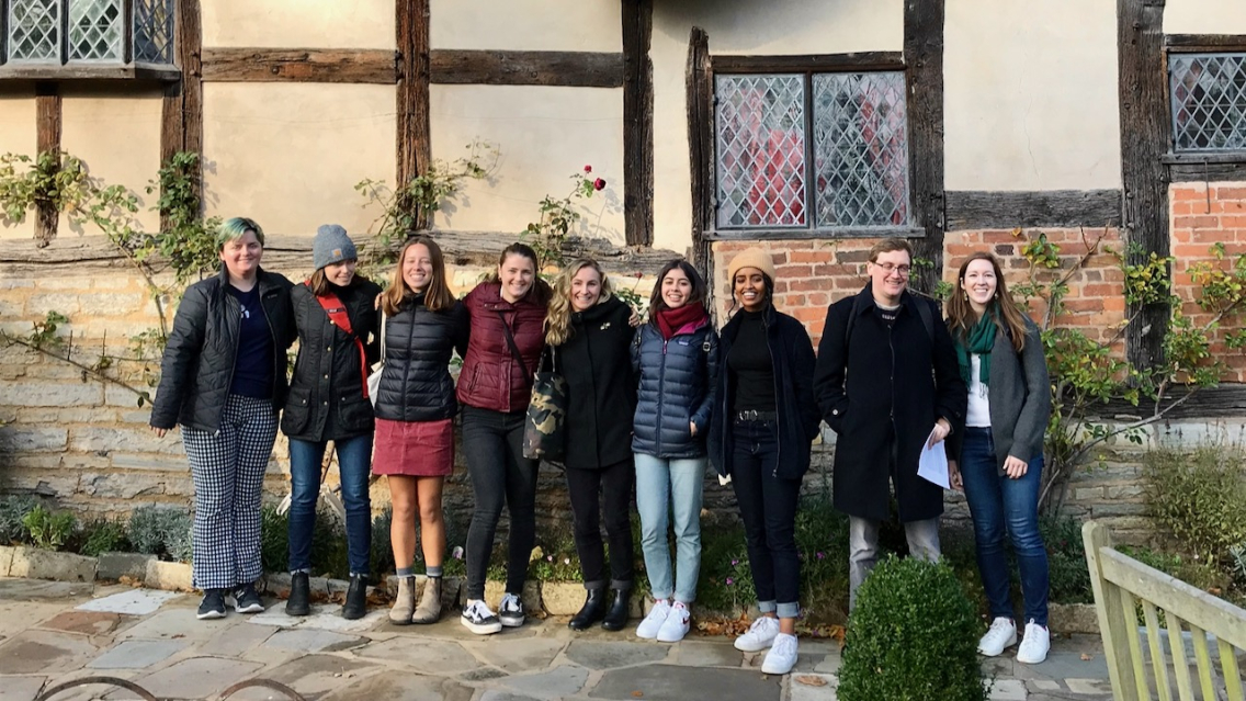 M-CMRS students stand in front of Anne Hathaway's cottage in Stratford-Upon-Avon.