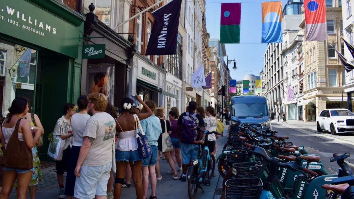 Museum Studies students wait outside Bonhams auction house in London where they will explore behind the scenes and learn about careers in auction houses.