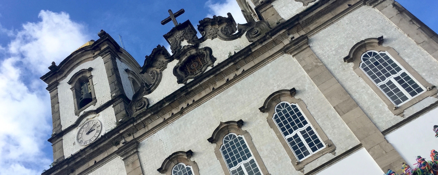 Building in Brazil with blue sky behind it.