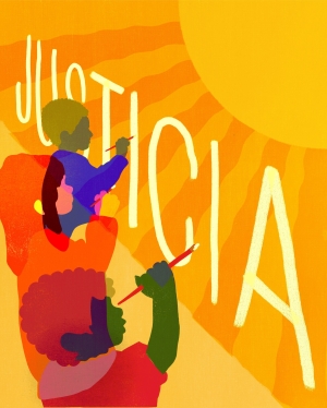 An illustration of three people painting the word "justicia" with a sun in the background