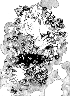 An illustration of a woman with her eyes closed with abstract patterns all around her