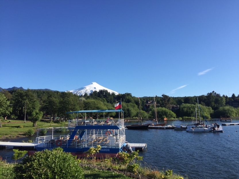 A lake with a small boat, bordered by green grass in the foreground, with trees and a snow-capped volcano in the background