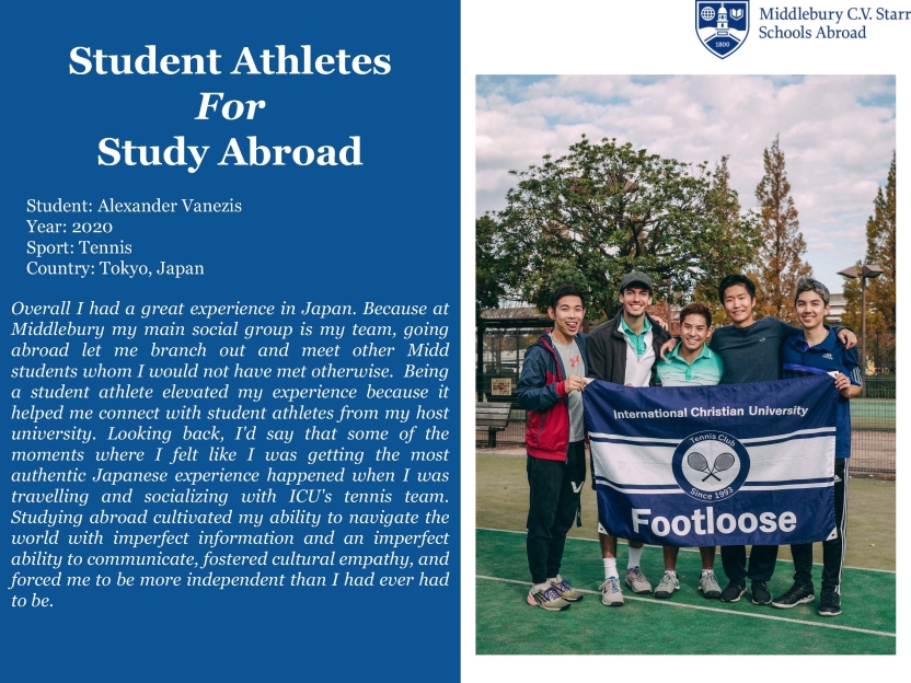 Five college students stand on a tennis court holding a blue and white university banner