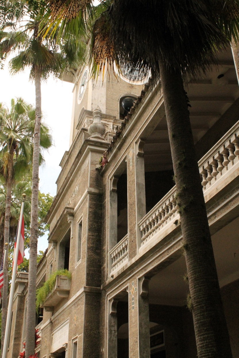 A clock tower on a university building