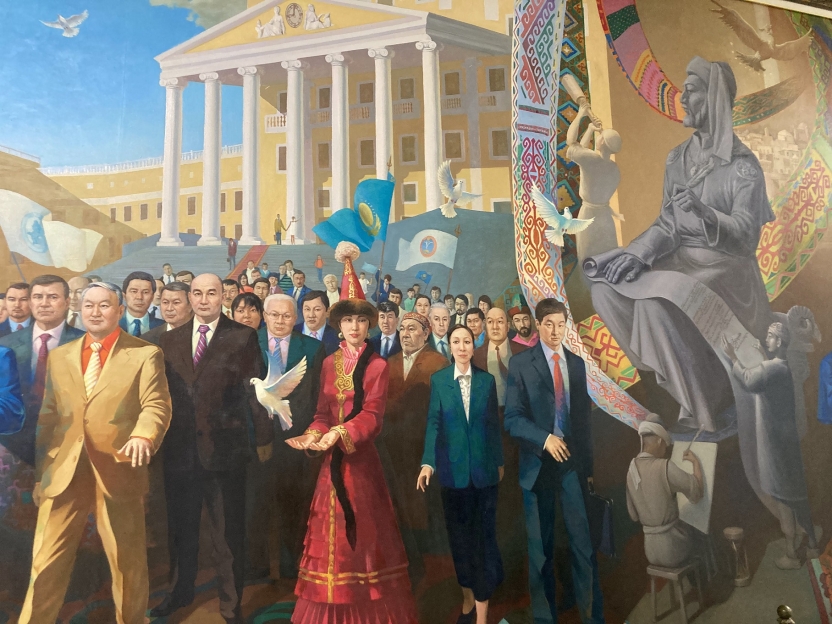 A mural of university officials and others outside the campus building