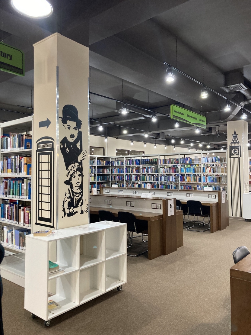 A university library with London imagery