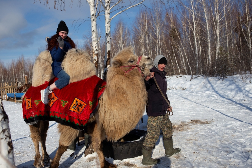 A student riding a camel and waving