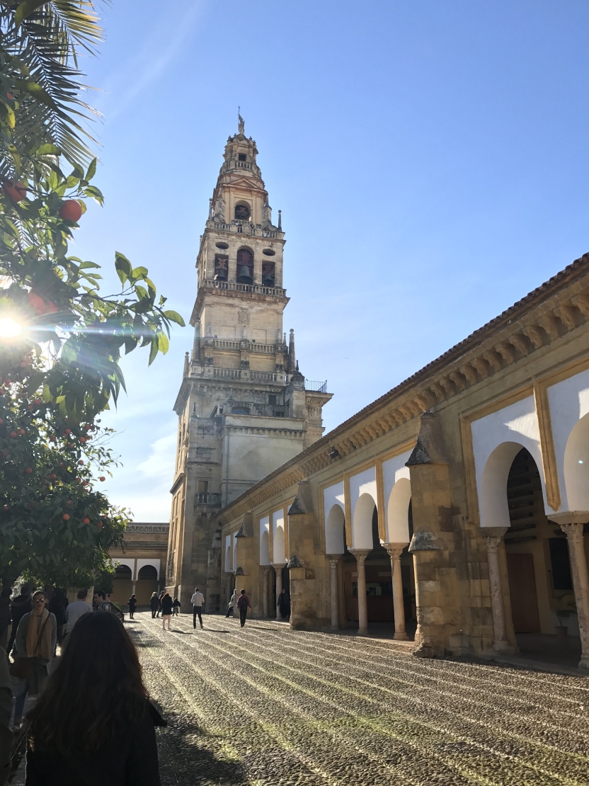The tower of a mosque-cathedral, with an orange tree in the foreground