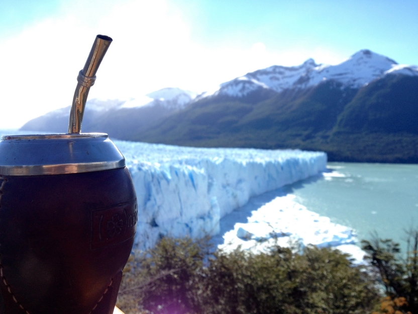 Mate gourd in front of a glacier in El Calafate, Argentina