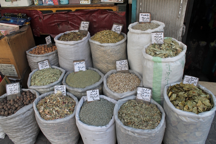 Bags of spices in a market