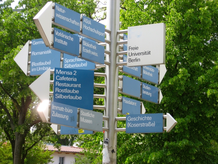 Signpost indicating university locations