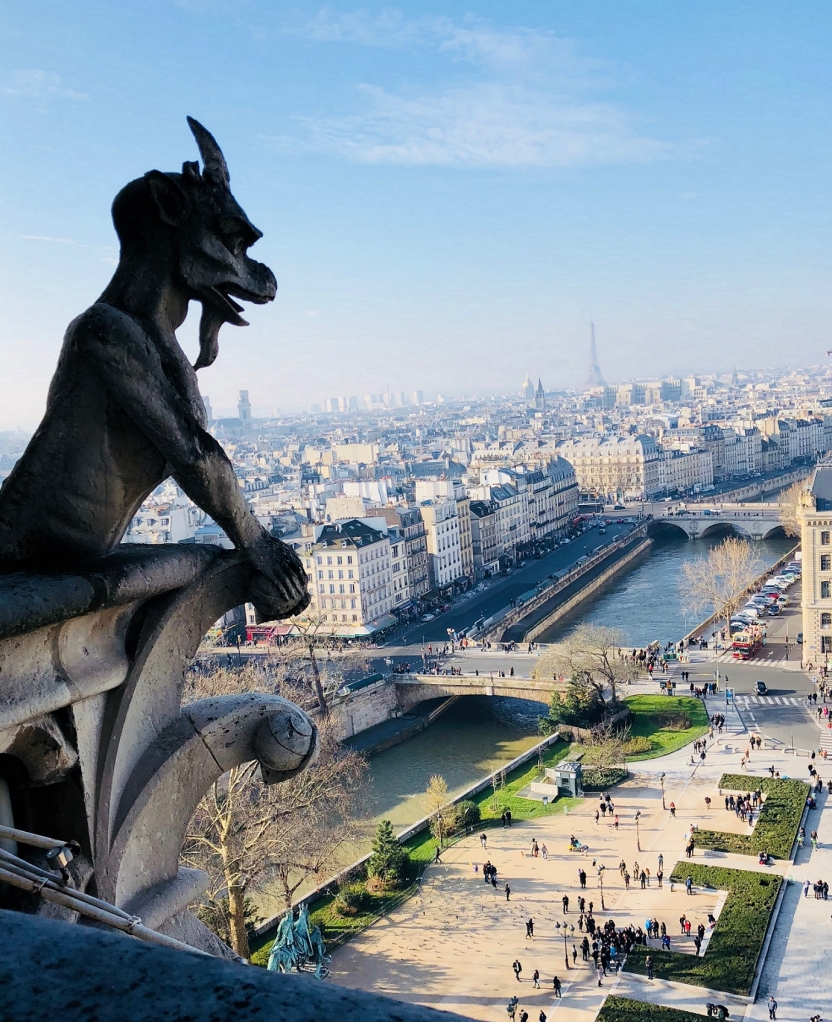 A view from the top of a church overlooking Paris, with a gargoyle in the foreground
