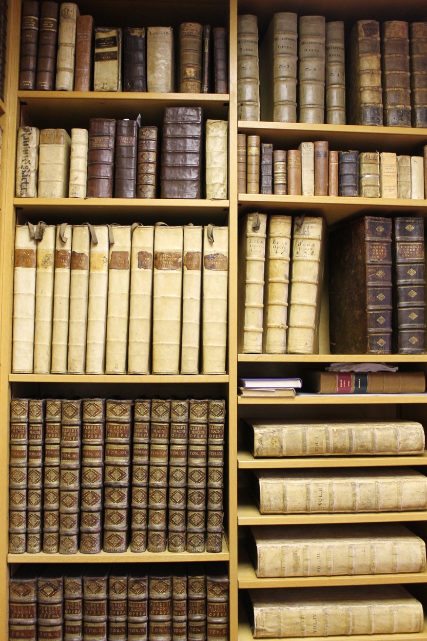 Old books stacked on a shelf
