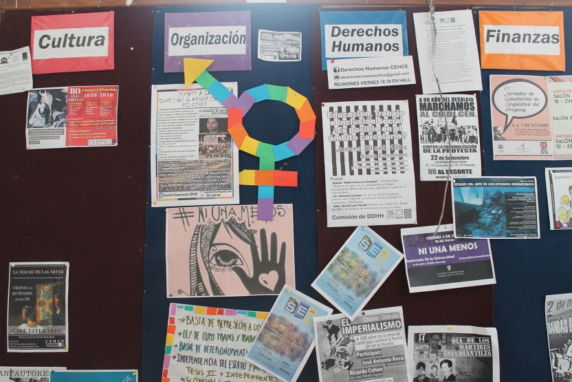 a bulletin board with student activities under the themes of human rights, organization, culture, and finances