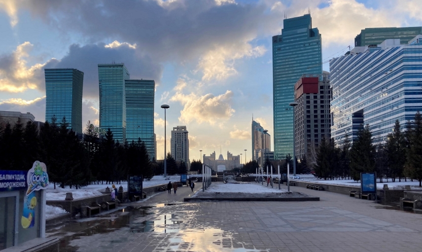 A city skyline at dusk