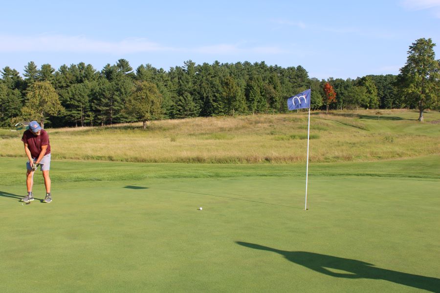 Colleagues standing together playing golf
