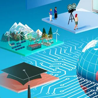 An illustration depicting differtent images on several platforms within a digital world. One image is a graduation cap. One image is a power plant at the foot of the mountains with solar panels and wind turbines. One image is three people watching something from a movie camera.