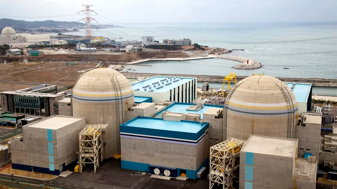 A nuclear power plant on the shores of a body of water.