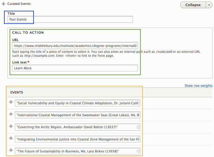 Screenshot of the curated events component in Drupal