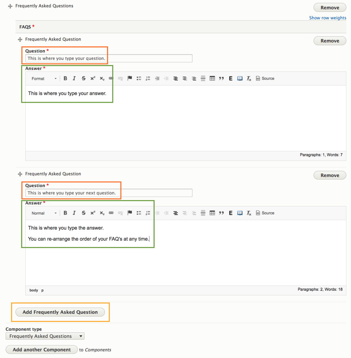 Screenshot of how FAQ component looks in Drupal 8