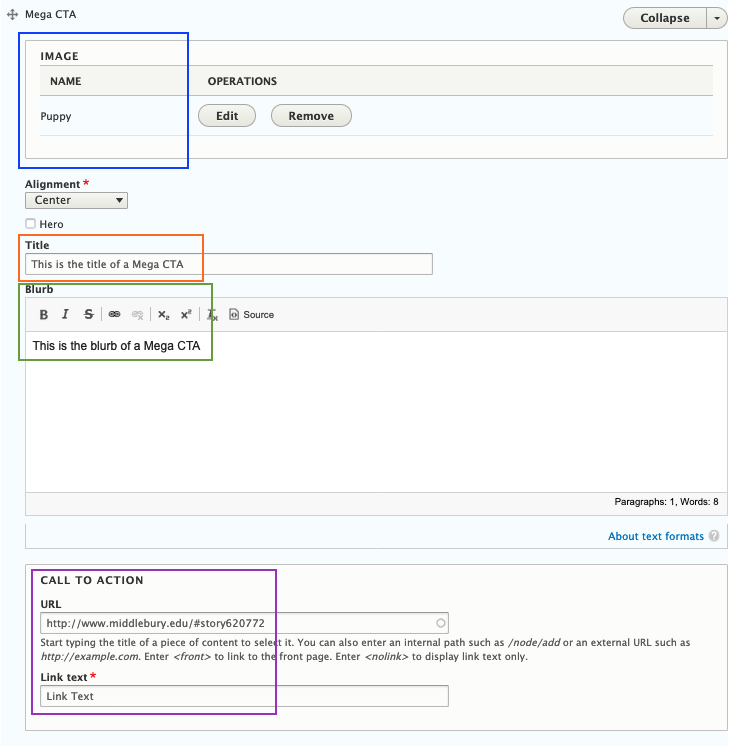 Screenshot of editing interface for Mega CTA component.