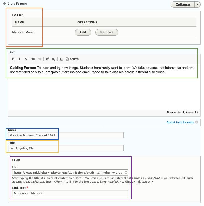 Editing interface for adding story to the Quad Story feature component.