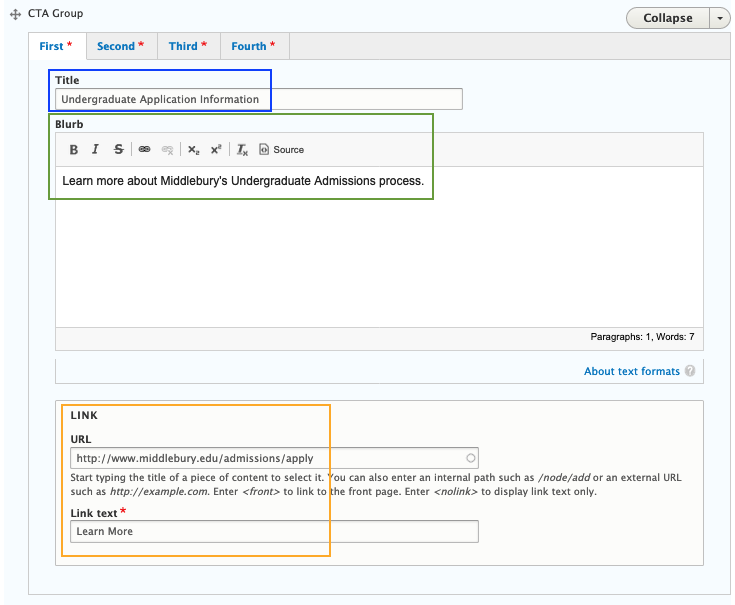 CTA Group Editing Interface with three key elements highlighted: title, blurb, and link.