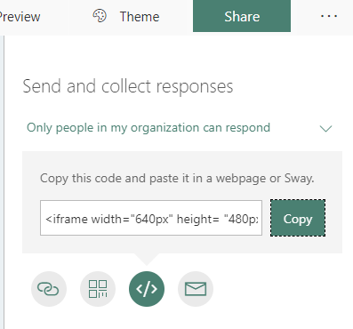 The Share tab in Microsoft Forms is shown with the "Copy this code and paste it in a webpage or Sway" text field displaying embed code for the form.