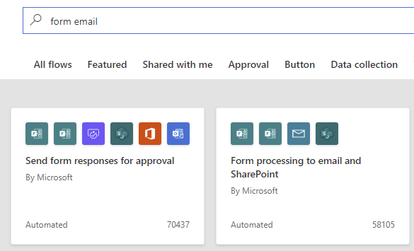 The Power Automate search form with "form email" filled in as the query and "Form processing to email and SharePoint as the second search result.