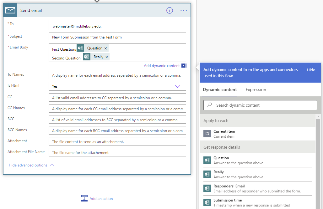 In the Send Email dialog the cursor is in the Email Body field and a side panel is open showing the list of fields that can be added to the message body.