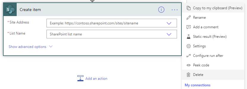 The dialog options displayed when clicking the ". . ." menu option next to "Create item" for the SharePoint list, showing the Delete option.