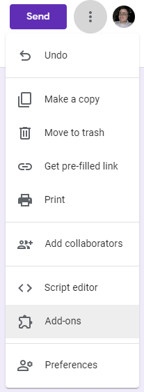 A screenshot of the Google Forms settings dialog with the Add-ons option selected, which is the eighth option in the menu.