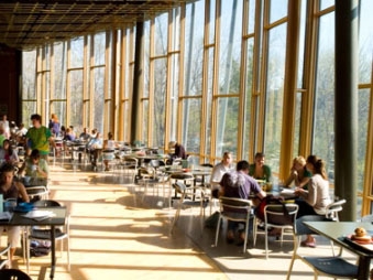 The bright and welcoming interior of Atwater Dining Hall.