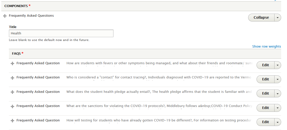 The editing view of an FAQ component showing a Title field with the value "Health" and five rows of FAQs in their collapsed state.