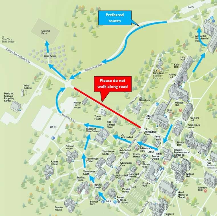 Map showing the preferred safe walking routes to the Knoll.