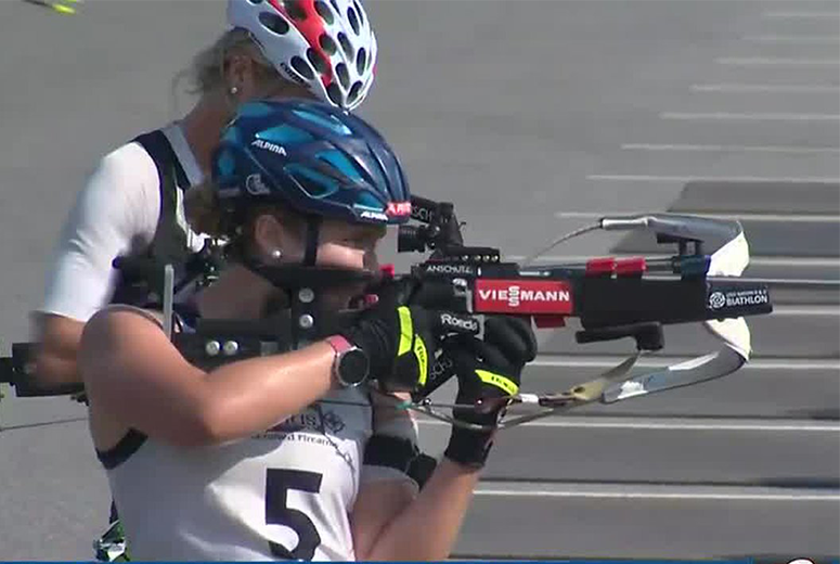 Photograph of Chloe Levins shooting a rifle as part of her training for the Olympics