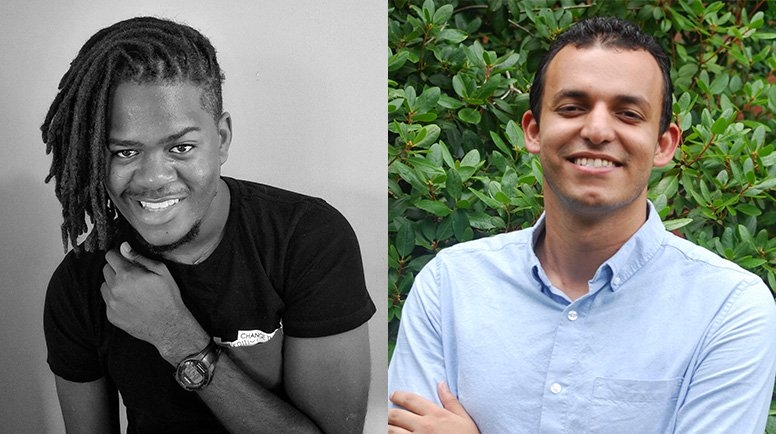 Left: black and white photo of Femi Higgins smiling. Right: color photo of Mohamed Ahmed smiling.