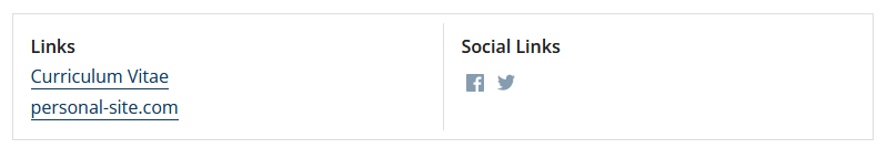 The links section of the profile showing a link to a CV, a personal homepage, facebook, and twitter.